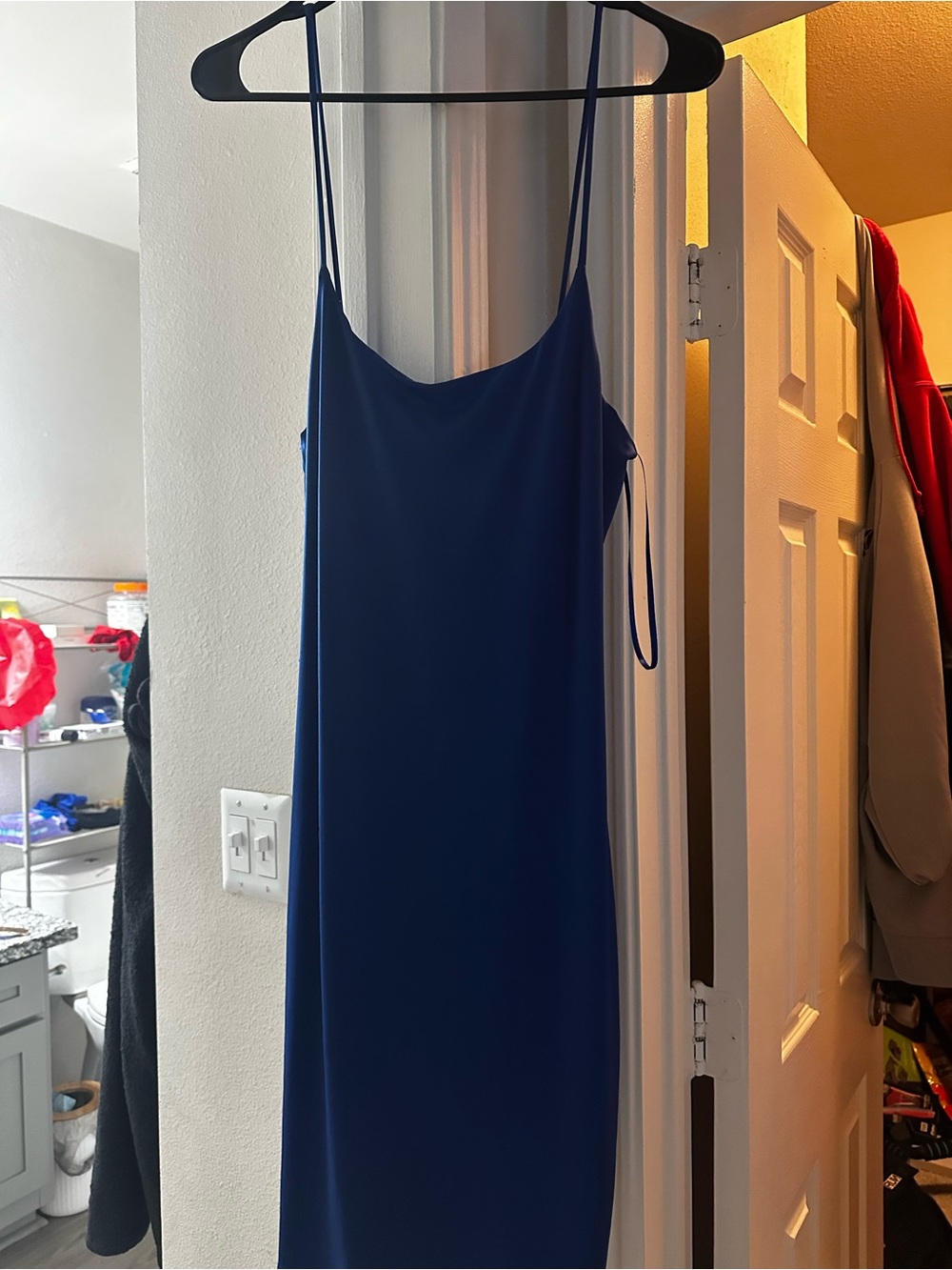 Rainbow Royal Blue Slip Midi Dress with Spaghetti Straps